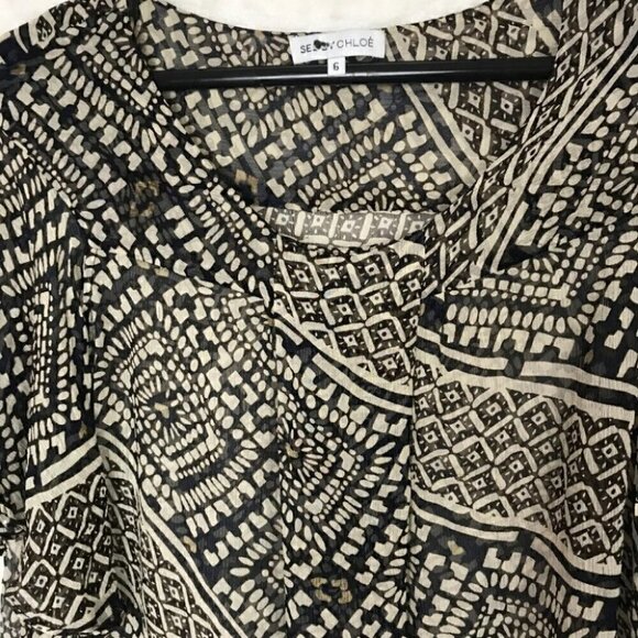 See By Chloe Silk Black and Cream  Patterned Sheer Blouse Size 6 - Picture 3 of 5